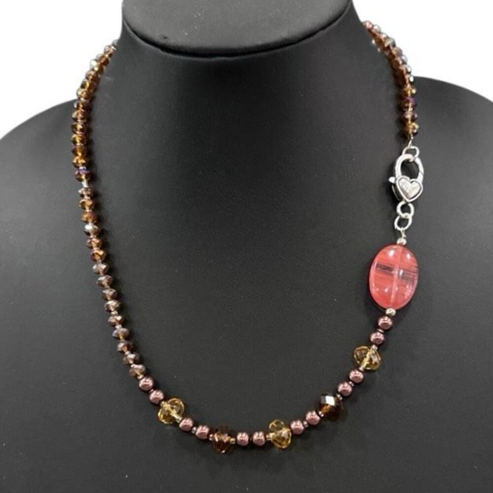 Mixed Stone & Beads Necklace Pink Silver Oval Pink Striped Rhodonite Center